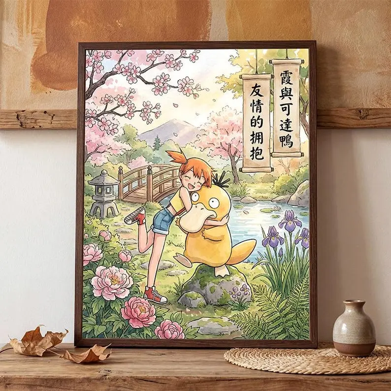 Misty and Psyduck Poster, Anime Art, Japanese Bedroom Home Decor, Unframed Wall Art