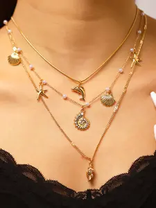3 Piece Ocean Style Layered Necklace Set, Starfish Dolphin Conch Pendant, Boho Beach Jewelry for Women, Summer Party Accessories