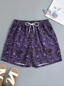 Men's Regular Fit Random Pattern Drawstring Waist Beach Shorts, Casual Comfy Swimming Shorts for Summer, Men's Shorts for Beach Vacation