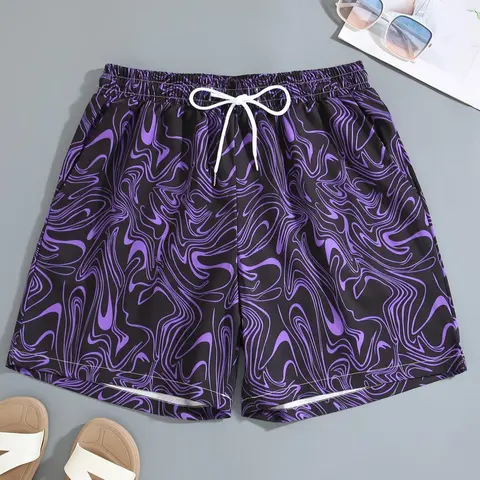 Men's Regular Fit Random Pattern Drawstring Waist Beach Shorts, Casual Comfy Swimming Shorts for Summer, Men's Shorts for Beach Vacation, Swimwear Shorts, Bathing Shorts, Beach Outdoor Wear, Drawstring Swim Bottom