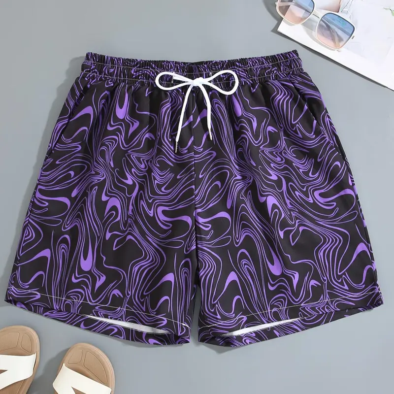Men's Regular Fit Random Pattern Drawstring Waist Beach Shorts, Casual Comfy Swimming Shorts for Summer, Men's Shorts for Beach Vacation, Swimwear Shorts, Bathing Shorts, Beach Outdoor Wear, Drawstring Swim Bottom