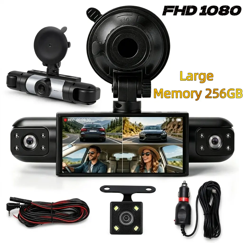 4-Channel 360° Car Dash Cam, 1080P Full HD 4-Lens Driving Recorder with Front/Rear Cameras, Large Storage, Enhanced Night Vision, Loop Recording, Motion Detection, Emergency Lock, Reverse View, Included Memory Card