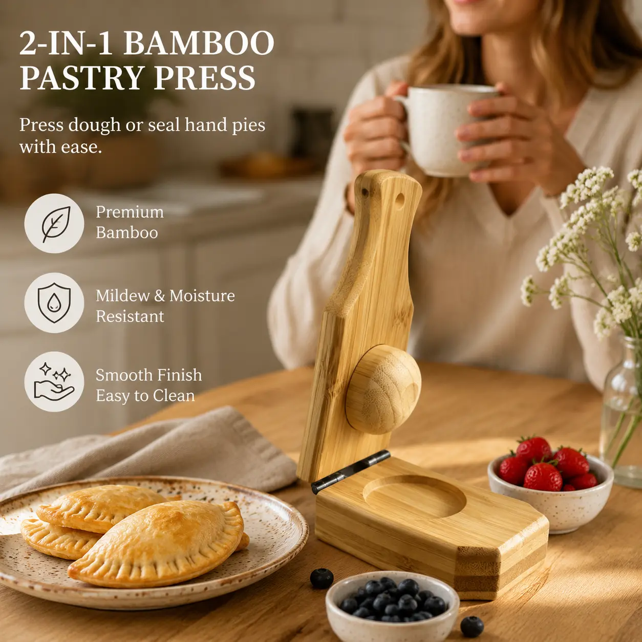 1 Count, Bamboo Plantain Press 2 in 1 Wooden Tostonera Maker with Hanging Rope for Making Fried Green Banana Crisps and Stuffed Cups Home Kitchen Cooking