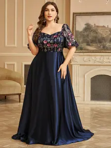 Elegant Blue Satin Evening Dress with Rhinestone Embroidery, Princess Sleeve V-Neck Party Gown, Random Cut Large Flare Hem, Formal Wear
