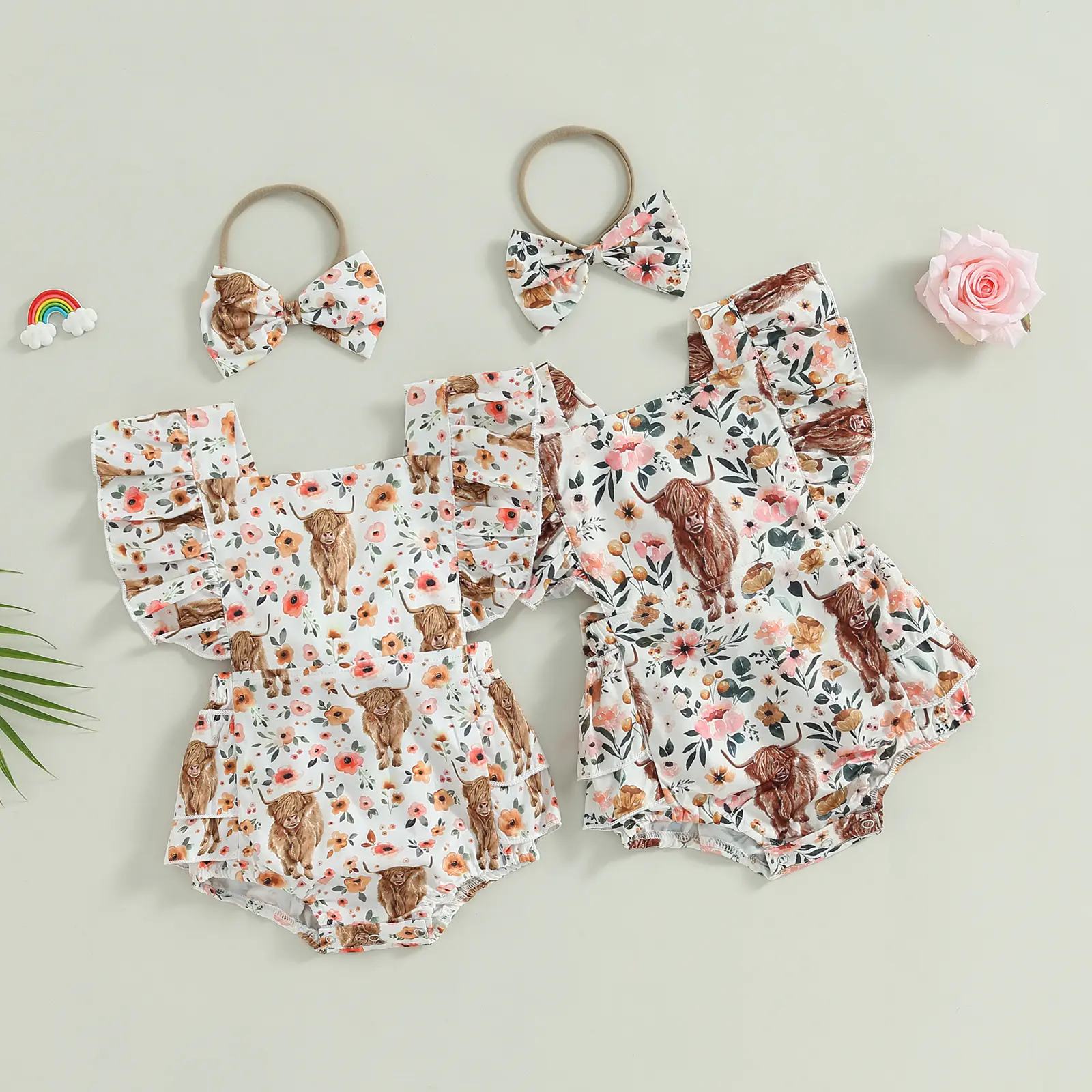 Western Baby Girl Summer Clothes Cow Print Ruffled Sleeveless Romper Onesie Bodysuit with Headband Outfit