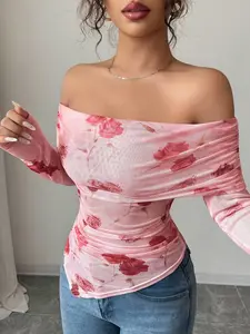Rose Print One-Shoulder Sheer Floral Top, Sweet Spicy French Style, Ruched Fitted Waistline, Perfect for Dates, Streetwear, Parties