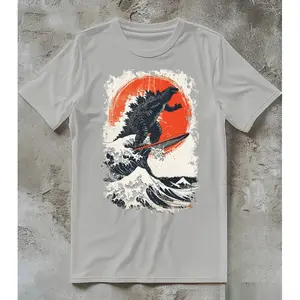Vintage Godzilla Surfing Japanese Ocean Wave Graphic T Shirt Mens Casual Short Sleeve Crew Neck Tee Retro Japan Monster Poster Art Top Everyday Outdoor Surfing Holiday Birthday Gift For Surfer Men Adult Streetwear Fashion Apparel