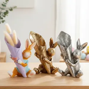 Easter Bunny Flower Bouquet Resin Vase, Multi-Color Hand-Painted Decorative Floral Arrangement, Indoor Outdoor Easter Party Decoration