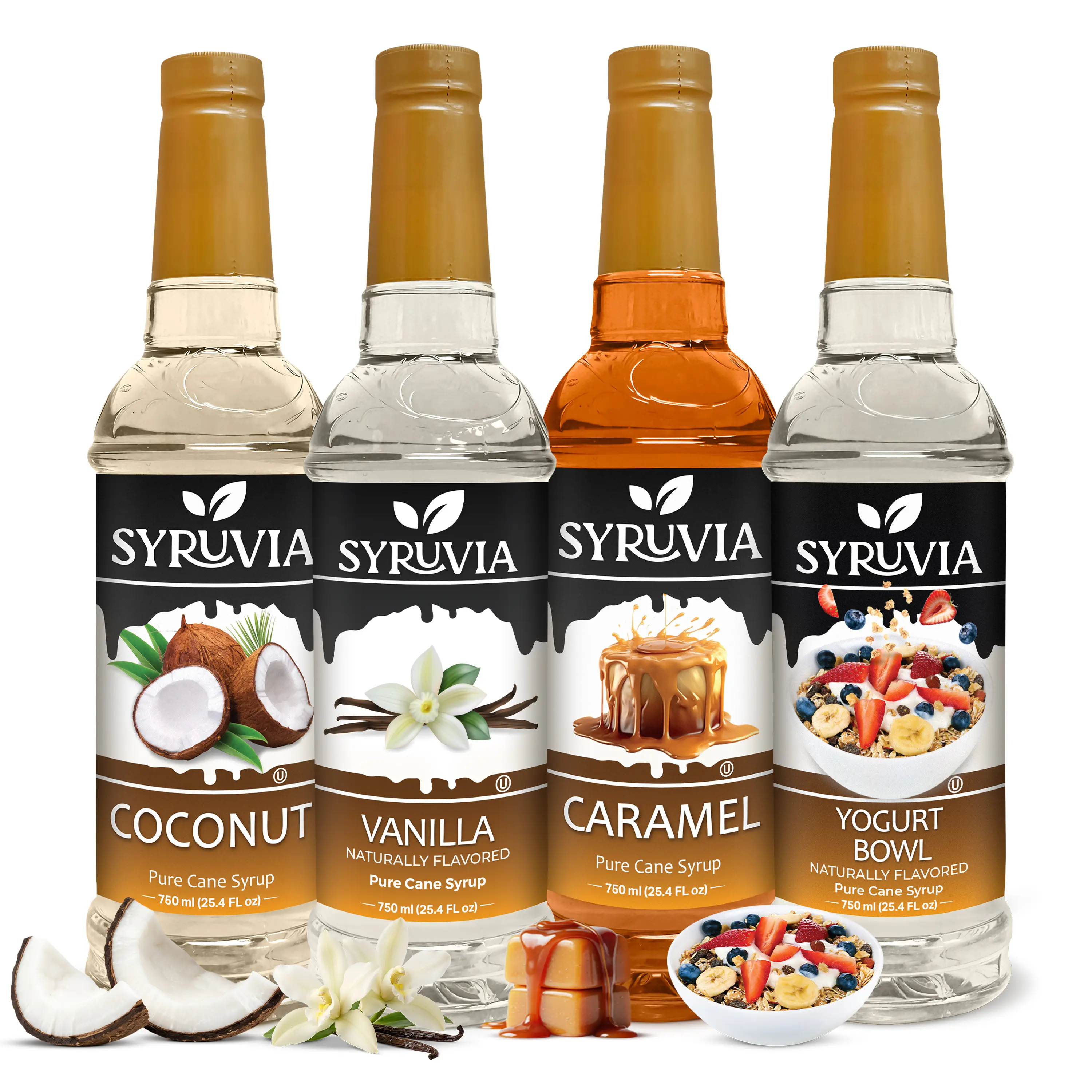 Syruvia Sweet Cafe Collection – Coconut, Vanilla, Caramel & Yogurt Bowl Flavored Syrup – Great for Lattes, Coffee, Yogurt & More – 25.4 Fl oz Bottles (4 Pack)