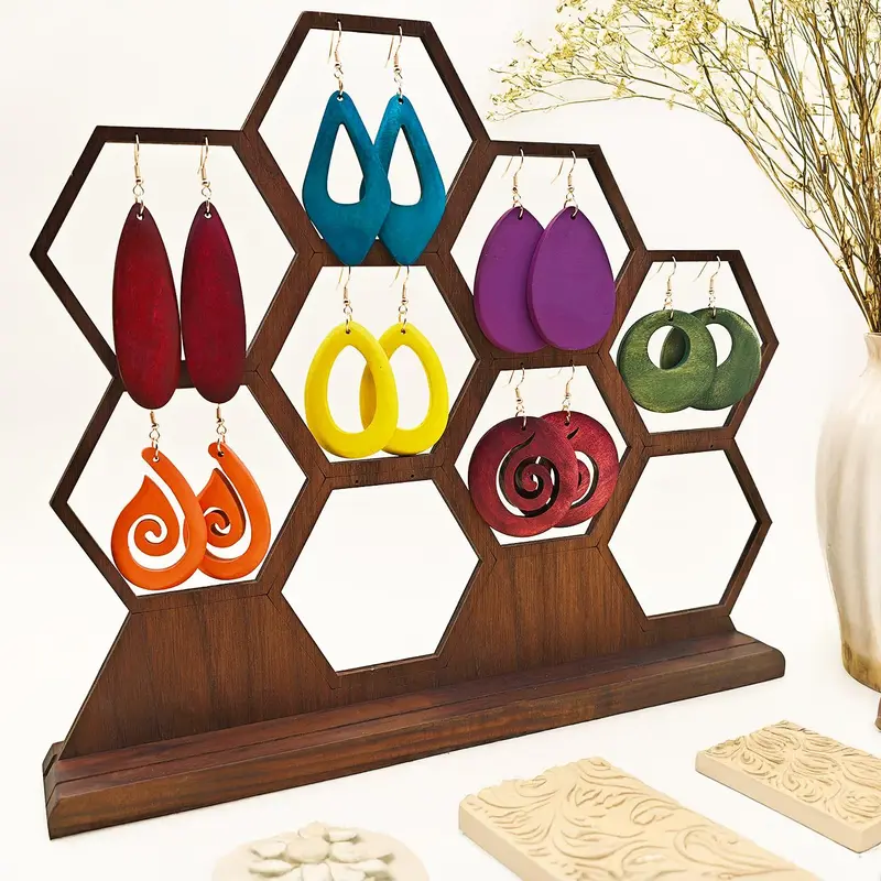 Set of 7 Pairs Colorful Wooden Drop Earrings, Dangle Earrings Set, Earring Stacking Set, Hollow Out Design, Casual Style, All Seasons Wear, Perfect Gift Idea, Dangling Earrings