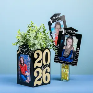 Black Graduation Party Decorations Photo Display Centerpiece Kit 15 Double-Sided Photo Table Topper Sticks Vertical and Horizontal 4x6 Picture Holders Graduation Cheers