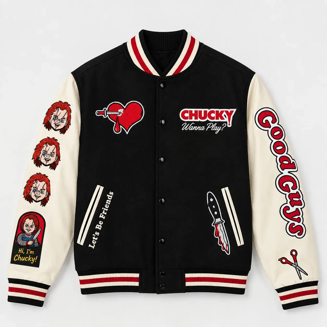 Chucky Varsity Jacket – Good Guys Graphic Print – Black Cream