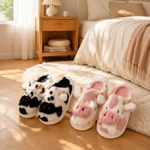Women's Cow Cartoon Sports Slide Sandals, Memory Foam Fluffy Soft Warm Slip-On, Anti-Skid Plush Indoor-Outdoor House Slippers