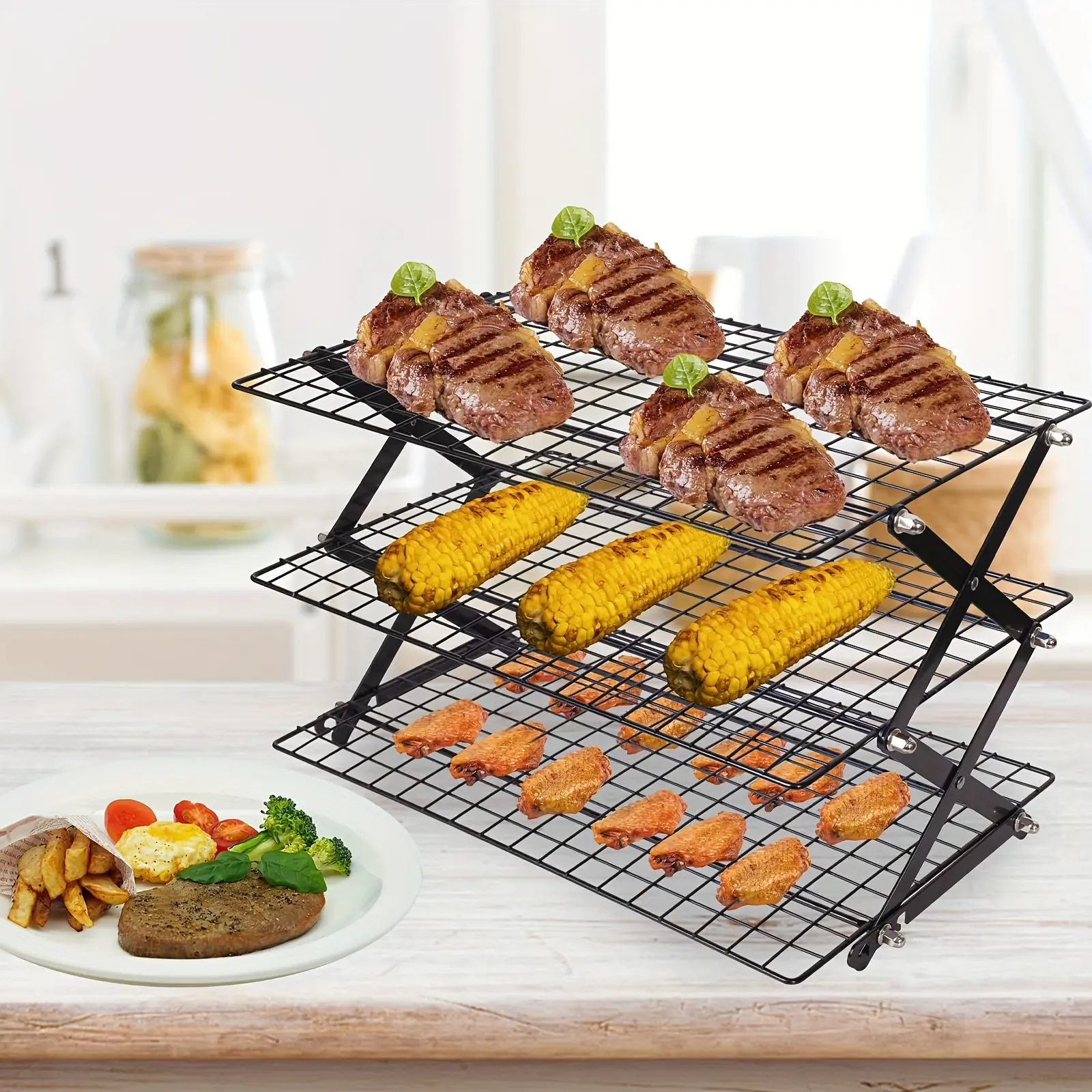 Sturdy 3-Tier Collapsible Wire Cooling Rack, Foldable Bakeware Kitchen Utensil, Baking Supplies for Baking Cookies, Cakes, Barbecues