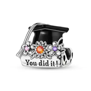 MULA S925 Silver Plated Graduation Cap Pendant with CZ Floral Decoration - Compatible with Pandora Bracelets and Necklaces, the perfect graduation gift for students, teens, girls and women