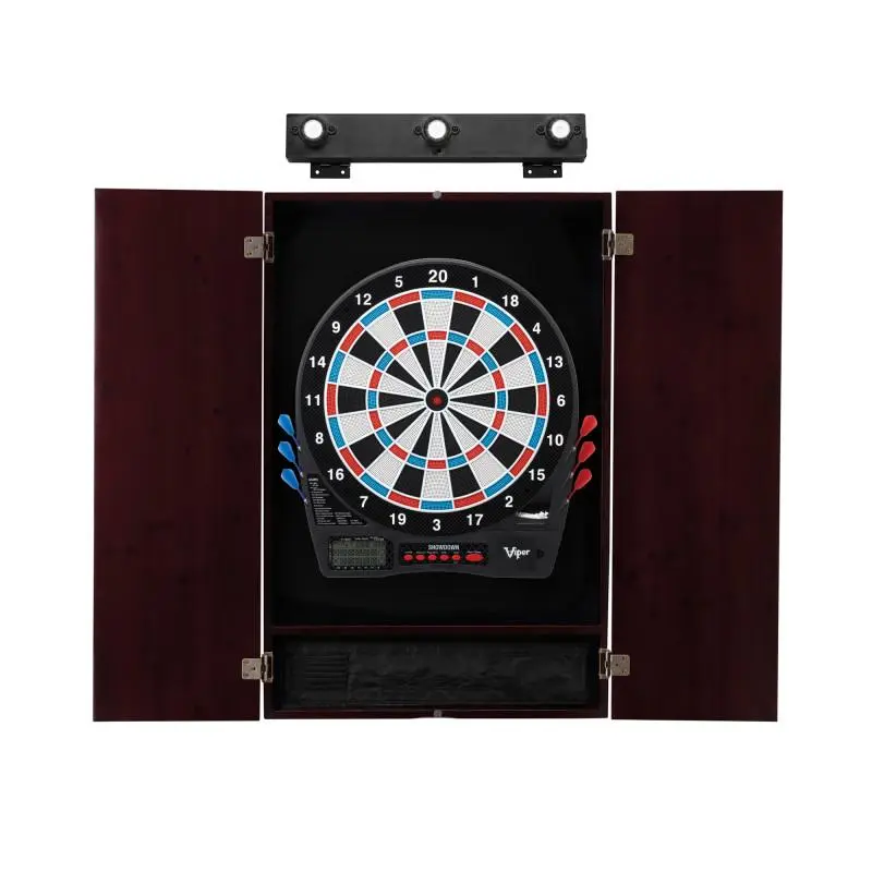 Viper Showdown Electronic Darts Board with Metropolitan Mahogany Cabinet and Shadow Buster Dartboard Lights, Game