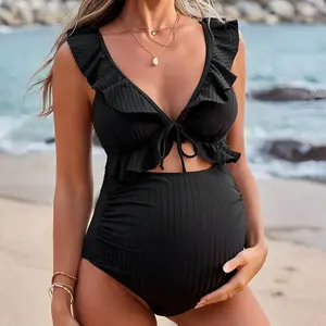 Maternity Tummy Support Conservative One Piece Swimsuit Solid Color Modest Bathing Suit for Beach & Hot Spring with Ruffle Details bikini set sea fancy vacation beachwearswimwear sexy clothing women's pool party fashionswimsuit Waisted Cutout Swimsuit