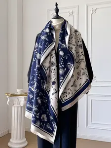 Women's Elegant Fashion Scarf, Floral Print Scarf, Double-Sided Plant Print Bee Pattern, Warm Woven Shawl for Autumn Winter Outdoor Activities