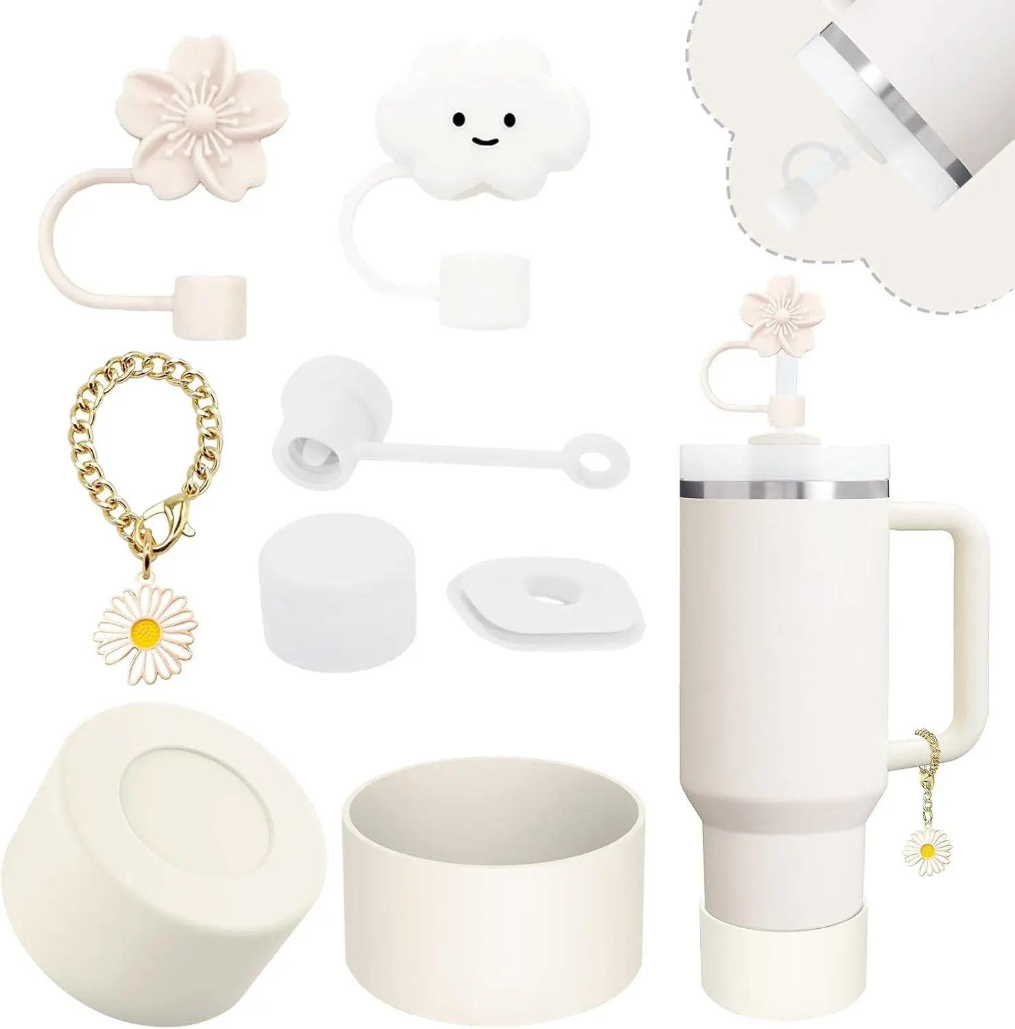 Stanley Cup Accessories Set,Including 2 Pcs 0.4In Straw Cover, 1 Silicone Spill-Proof Stopper Set of 3, 1 Cute Flower Handle Charm, 1 Silicone Boot Fits Stanley 40&30 Oz Tumbler (Cream) vikgle