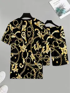 Gold Chain Print Short Sleeve T-Shirt, Men's Fashion Casual Streetwear Top, Summer New Trendy Short Tee, Fitted H-Type Design, Menswear