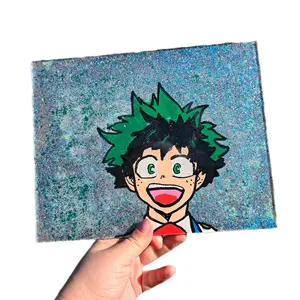 Deku Glass Painting - Character Design with Glittery Background, Featuring Unique Hair and Expressive Features
