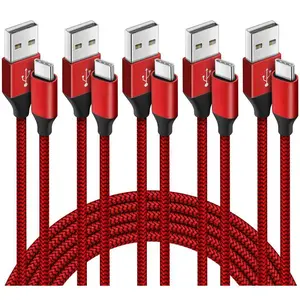 USB A to USB C  5-Pack (3/3/6/6/10 ft),   Type C Charger Cord for  17 16 15 Pro Max Plus Air,  Galaxy S25 S24 S23 S22 S21 S20 A56 A17 A16, Pixel,  G, Red