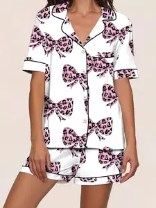 Spring Summer Women's Sleepwear Pajama Set, Matching Open Front Lapel Short Sleeve Shorts, Base Leopard Bow Full Print, Casual Homewear Loungewear