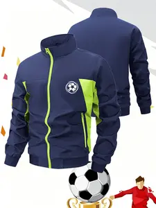 Men Contrast Panel Athletic Track Jacket Stand Collar Long Sleeve Full Zipper Soccer Training Running Outerwear Soccer Ball Print Casual Outdoor Sports Fitness Coat