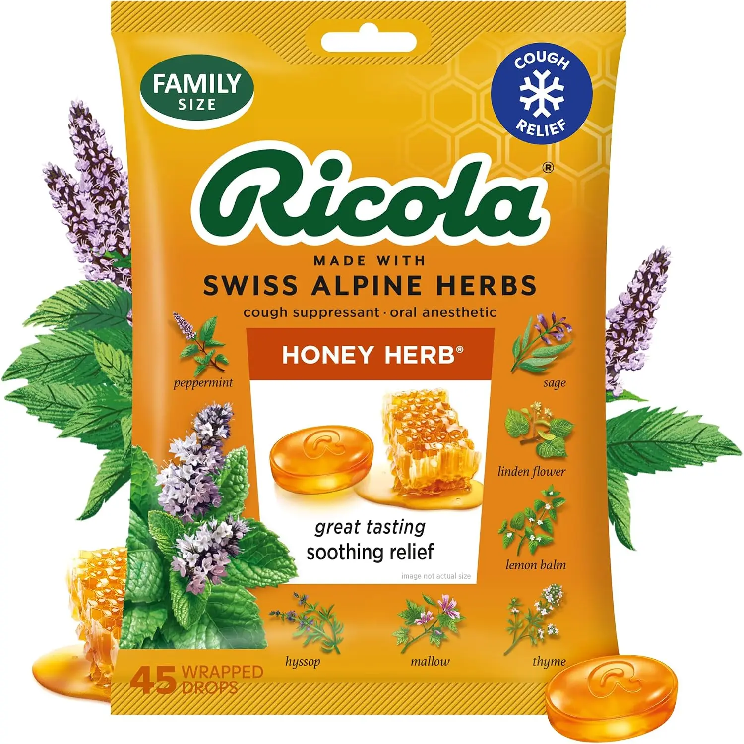 Ricola Honey Herb Cough Drops with Menthol - Cough and Sore Throat Relief - 45 Count - Herbal Throat Lozenges