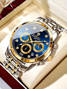 Men's Waterproof Stainless Steel Watch, High-End Sports Quartz Watch with Luminous Date Display & Moon Phase Feature, Luminous Analog Watch