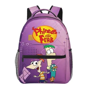 Phineas and Ferb large-capacity all-over print casual daypack for outdoor sports and office; cartoon merch laptop backpack school bag gift for boys and girls