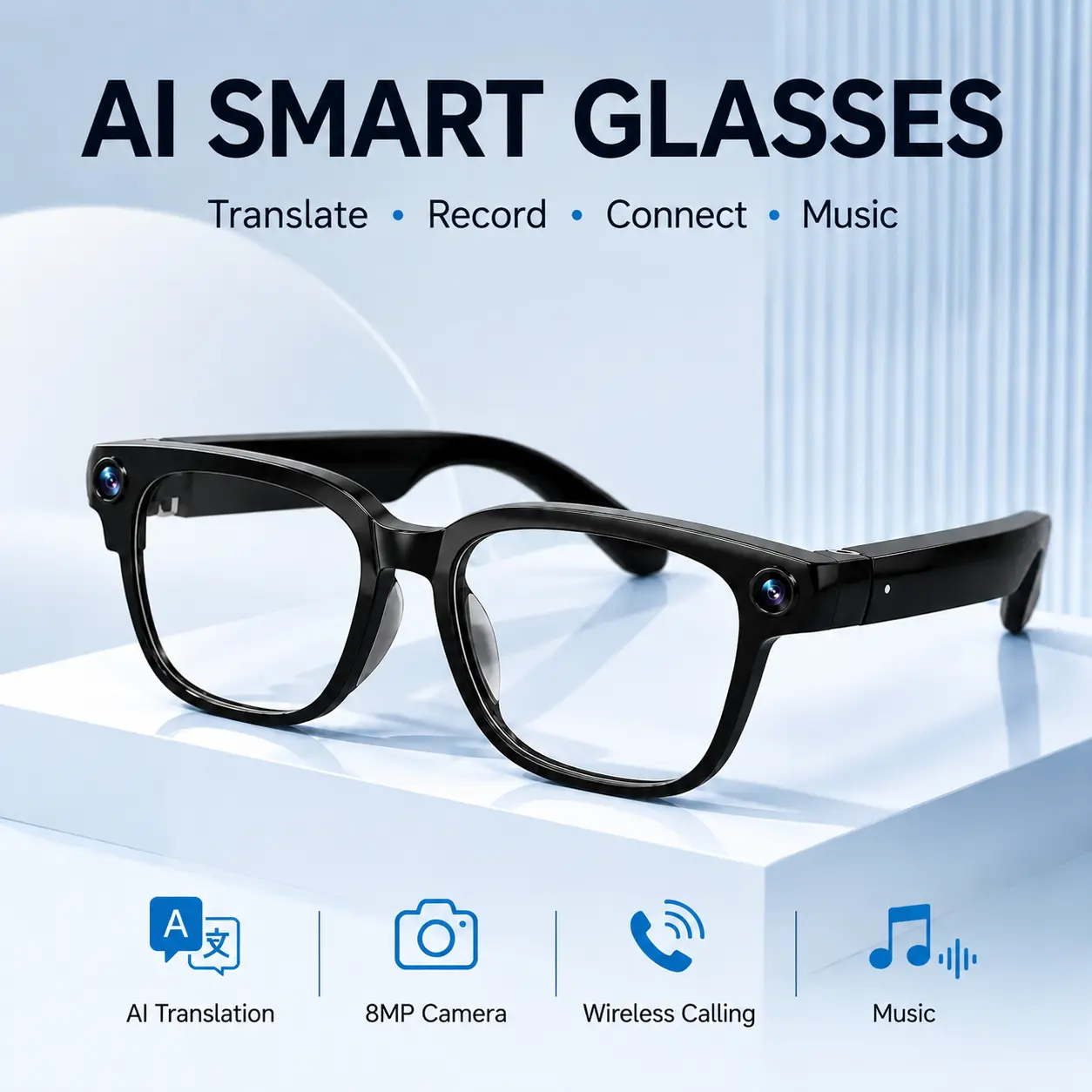 AI Smart Wearable Glasses - 8MP Camera, Bluetooth Wireless Calling, Real-Time Recording Glasses, Voice Control Assistant, Multilingual Translation Functionality