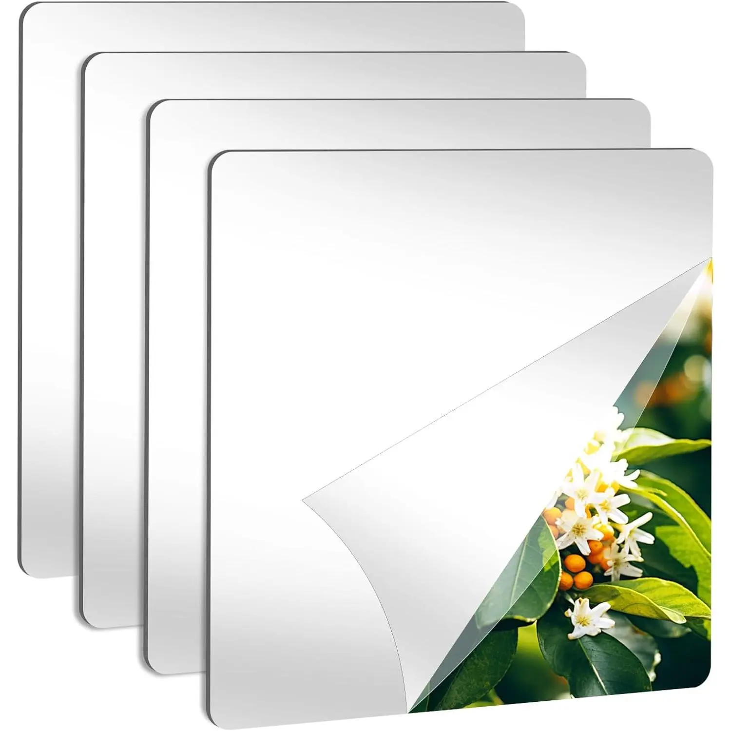 4 Pack Peel and Stick Mirrors for Wall, Self Adhesive Square  Mirror Tiles 7.8x7.8 Inch, Flexible Plastic Mirror Sheets Wall Stickers 2MM Thick for Bathroom Gym Decor