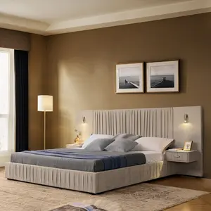 Queen Size Upholstered Bed Frame with Headboard and Bedside Table, Chenille fabric with pleated design,Grounded Queen Size Platform Bed with Solid Frame and & Adjustable Bedside Lamp. No Box Spring Needed