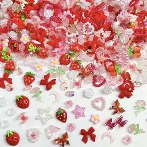 100PCS 3D Creative Strawberry Bow Cherry Resin Nail Charms Simulated Pearl Heart Transparent Camellia Butterfly Rose Decorations for Women DIY Phone Case Nail Art Supplies