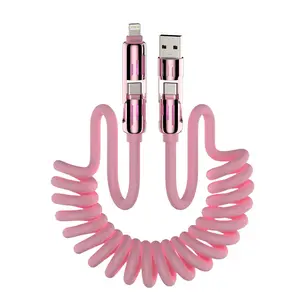 4-in-1 Coiled Universal USB Charging Cable -MAX 240W Fast Charging/Charger Cord with Multi USB Port for iPhone 16/15 14 13 iPad Samsung Galaxy MacBook iPad Tablets and More (Pink, 6Ft)