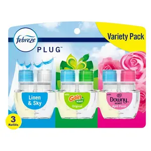 Febreze 2.63 oz Variety Pack Linen, Gain Original, and April Fresh Scented Oil Plug-In Automatic Air Freshener Refill, Automatic Odor Fighter for Bathroom, Kitchen, Bedroom Odor Control, Low-Level Indicator.