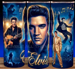 Elvis Presley Blue and Gold Rock Legend Cup Mug Tumbler 20oz Stainless Steel Tumbler with Slide Closure Lid, Reusable Plastic Straw, Handmade Design - Drinkware Flasks Glossy
