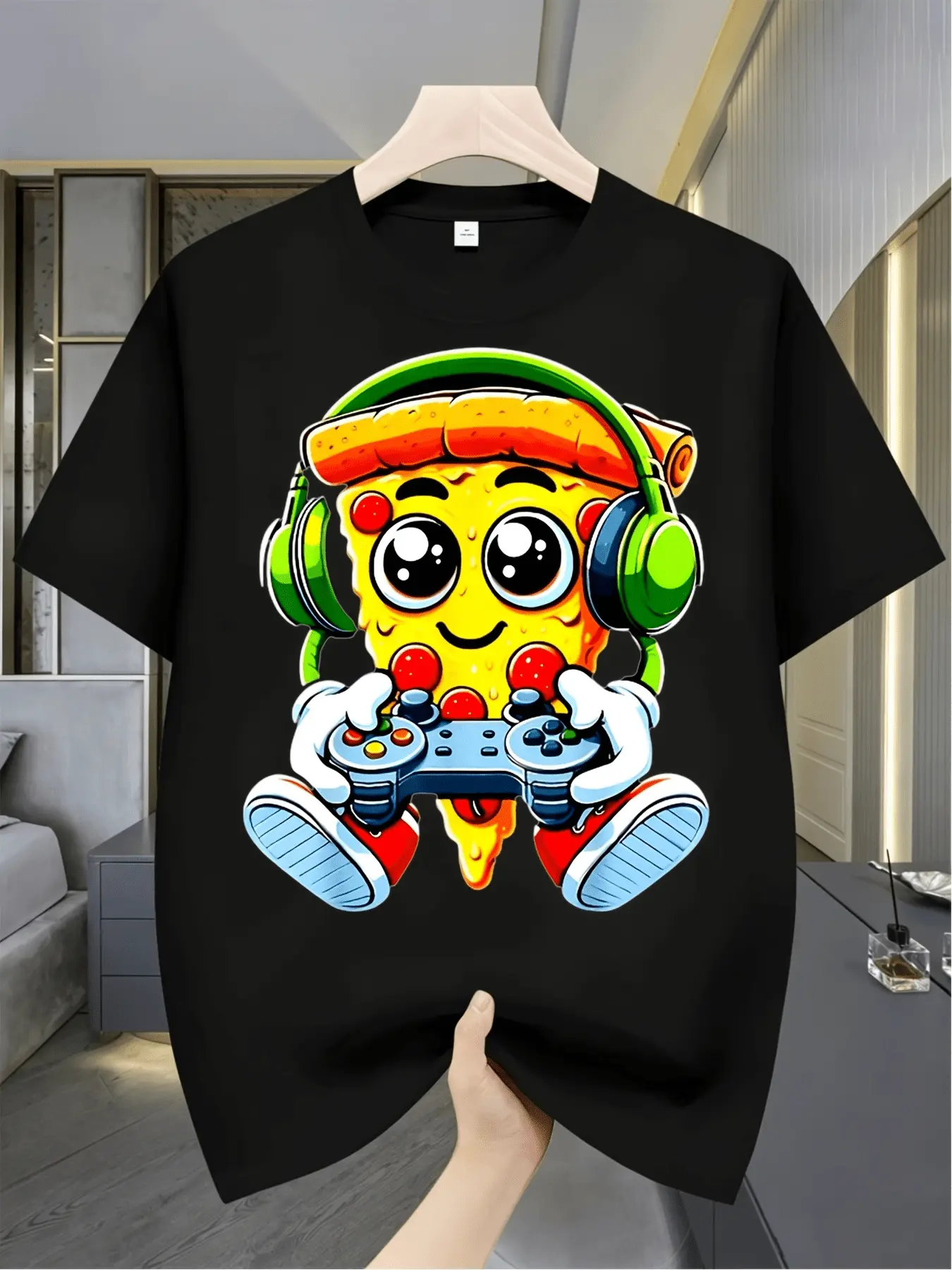 Cute Gaming Pizza Slice With Headset Controller Cartoon Graphic Men Women Casual Short Sleeve Cotton T-Shirt