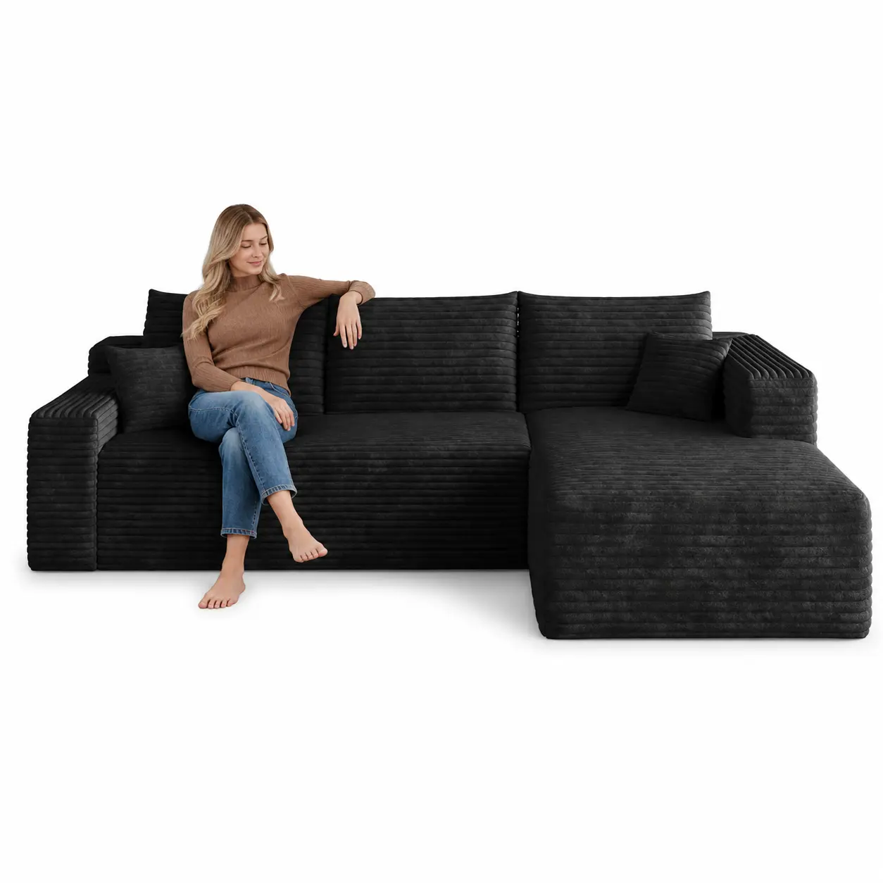 95-Inch Cloud Sectional Sofa with Chaise, Modern Minimalist Deep-Seat Corduroy Living Room Sofa Set, No Assembly Required, Black Indoor Furniture
