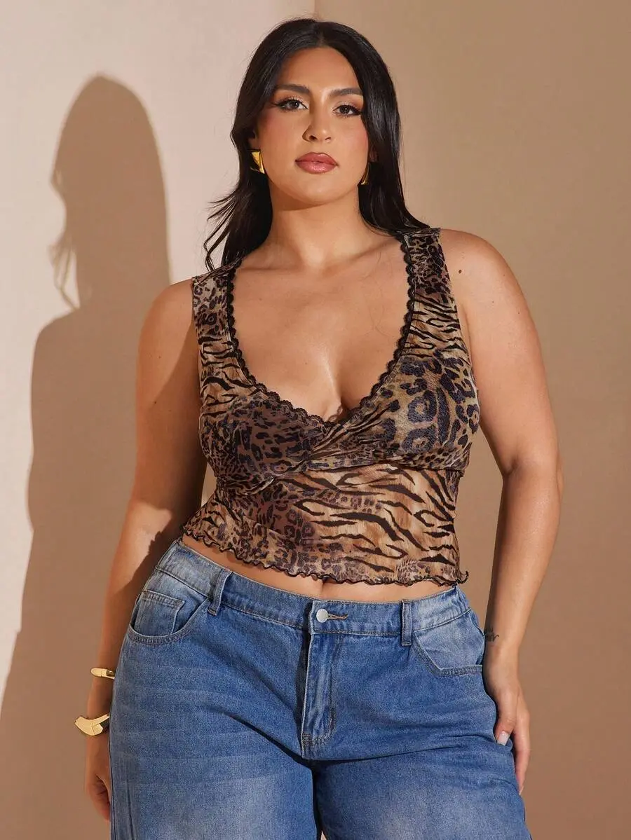 BAE Plus Size Women Sexy Animal Print Mesh See-Through Tank Top,Fall,School,Y2k,Country,Vintage,Festival,Wedding Guest,Summer