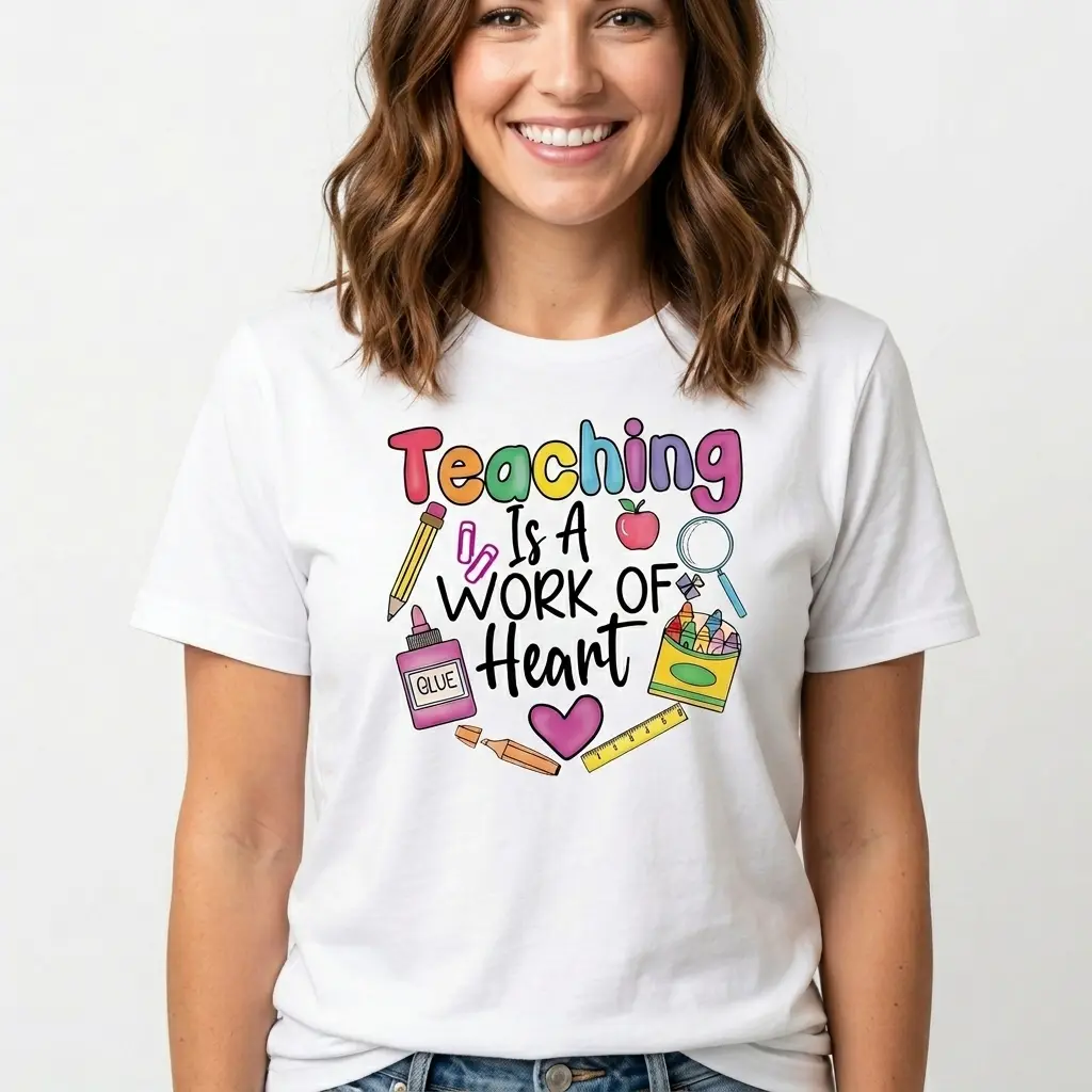 Teaching Is A Work Of Heart Graphic Tee 100% Cotton White S-5XL Women Teacher-outfit Education-appreciation Daily-wear School-gift
