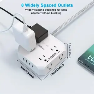 Ultra-Thin Flat Plug Extension Cord 8 Widely Outlets 4 USB Ports 3-Side Outlet