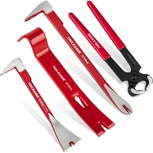 4 Pcs Forged CR-V Steel Pry Bar Set - 12" & 8" Cats Paw Nail Puller, 10" Flat Claw Pry Bar, 8" End Cutting Plier with End Chisel, Double Claw Utility Wonder Crowbar, DIY & Carpentry Woodworking Tools for Prying, Lifting