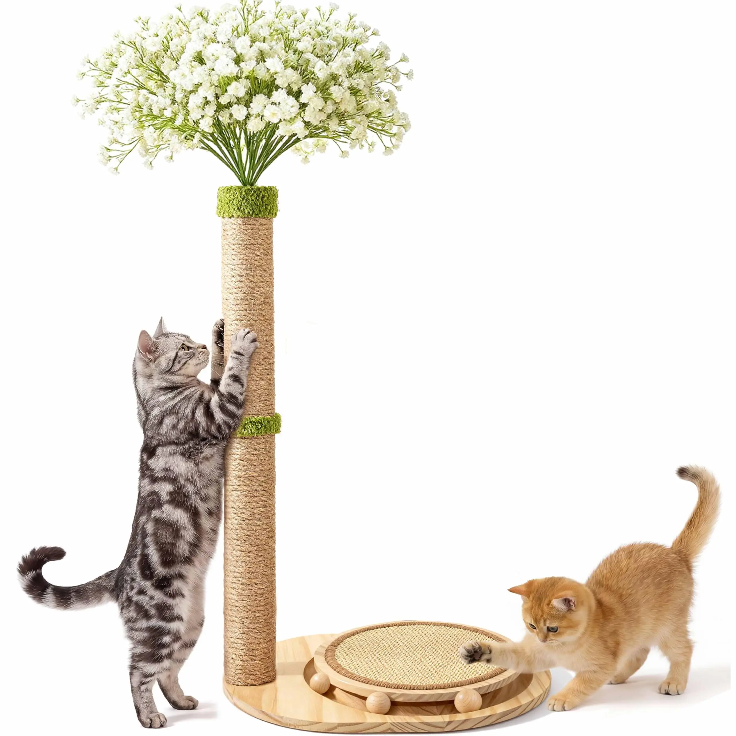 Cute Babys Breath Flower Cat Scratching Post, 39" Tall Cat Scratcher, Interactive Cat Toys with Ball Track & Spring Ball, Cat Scratch Post with Pad for Indoor Cats Adults and Kittens