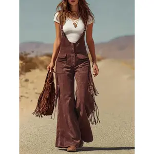 Vintage Style Distressed Faux Suede Fringe Overalls for Women High Waist Wide Leg Jumpsuit Long Boho Pants