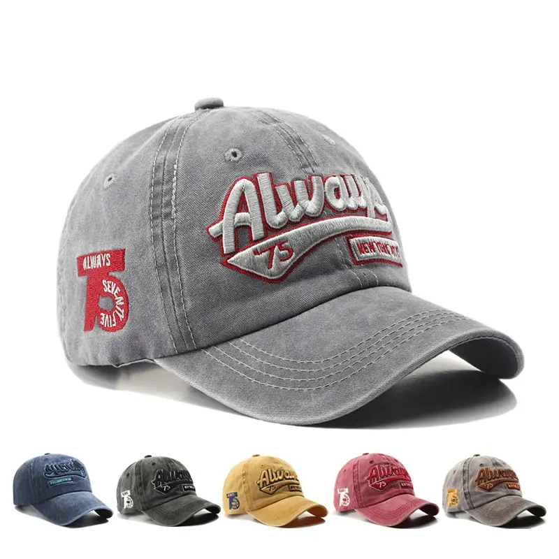 Unisex Washed Denim Dad Style Cap - High Quality Retro Distressed Cotton Snapback, 4-Color Adjustable, Premium 3D Embroidered Letters, Summer Sun Graphic Trucker Hat, Outdoor Sport Headwear, Accessories for Women, Embroidery Trucker Hat