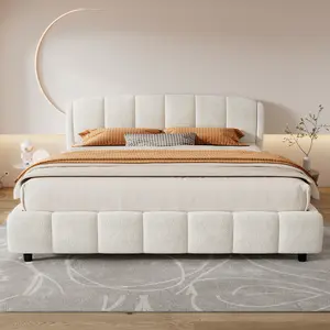 Upholstered Platform Bed with Curve-Shaped Headboard & Soft Boucle Fabric, Modern Curved Design Bed Frame with Plush Boucle Upholstery for Bedroom