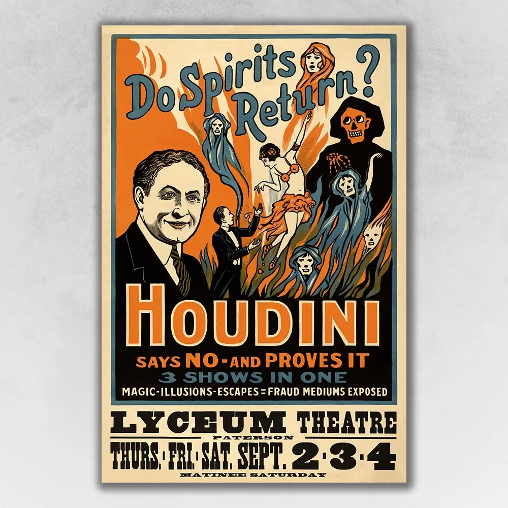360 Stand Artistic Houdini Spirits Vintage Magic Poster Print - 12x18 in. Matte Paper, Ready-to-Frame Multi-Color Home Decor Wall Art for Room Display, Ideal for Decoration, Heavyweight, Magic Enthusiasts, Colorful Style, Decor Inspo, Framed