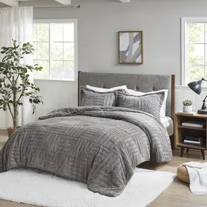 Madison Park Arctic Comforter Set Shaggy Fur Checkboard Textured Design - Down Alternative Ultra Soft, Winter Cozy And Warm Bedding
